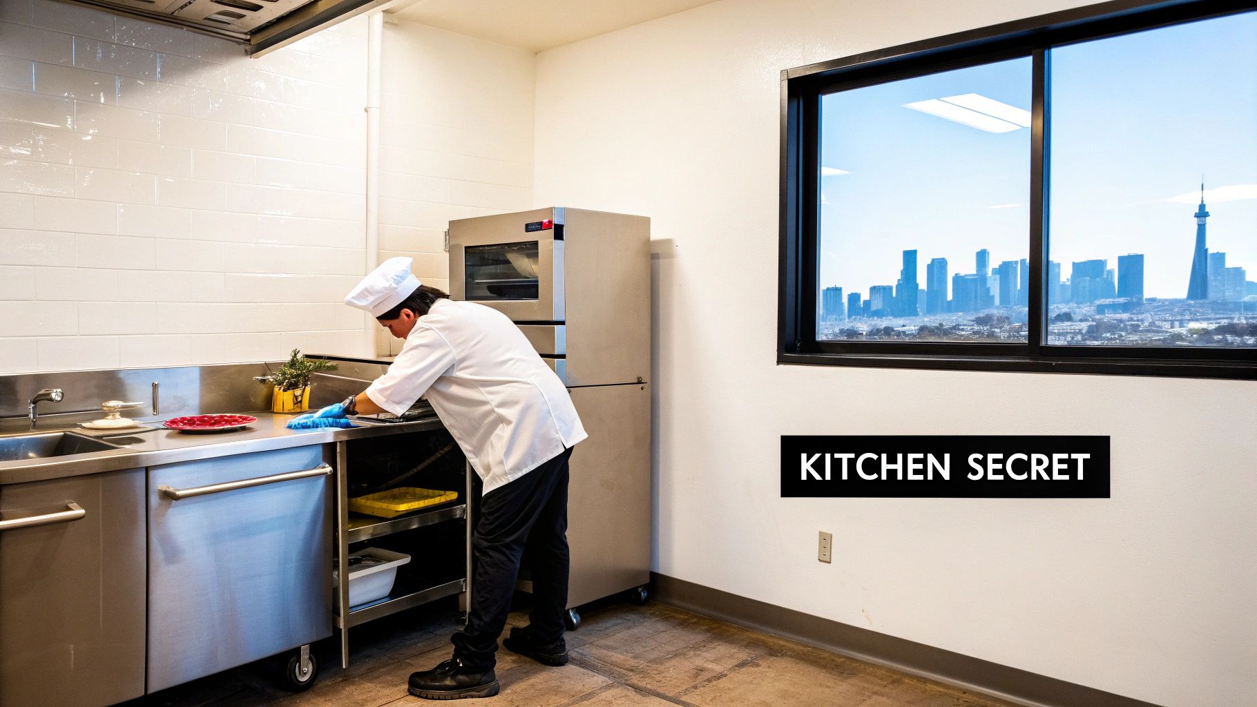A chef in a white uniform cleans a stainless steel counter in a commercial kitchen with a cityscape view and a 'KITCHEN SECRET' sign.