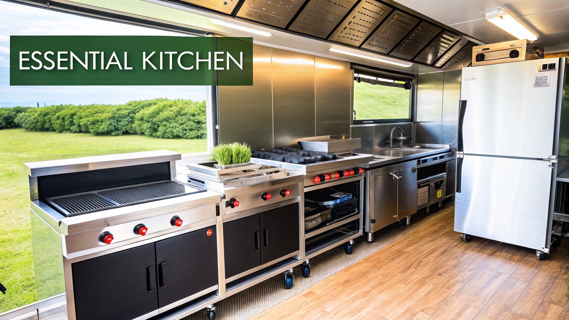 A well-organized food truck kitchen with stainless steel cooking equipment in operation.