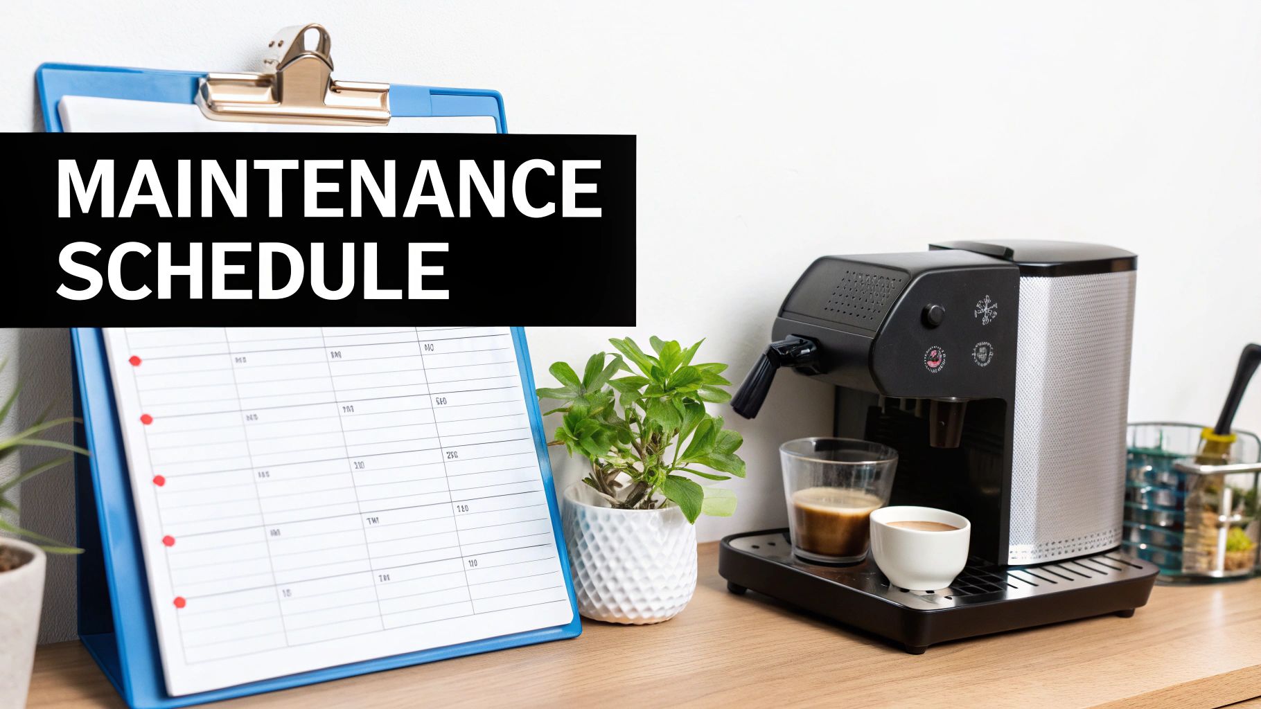 A hand points to a maintenance schedule on a clipboard next to a coffee machine.