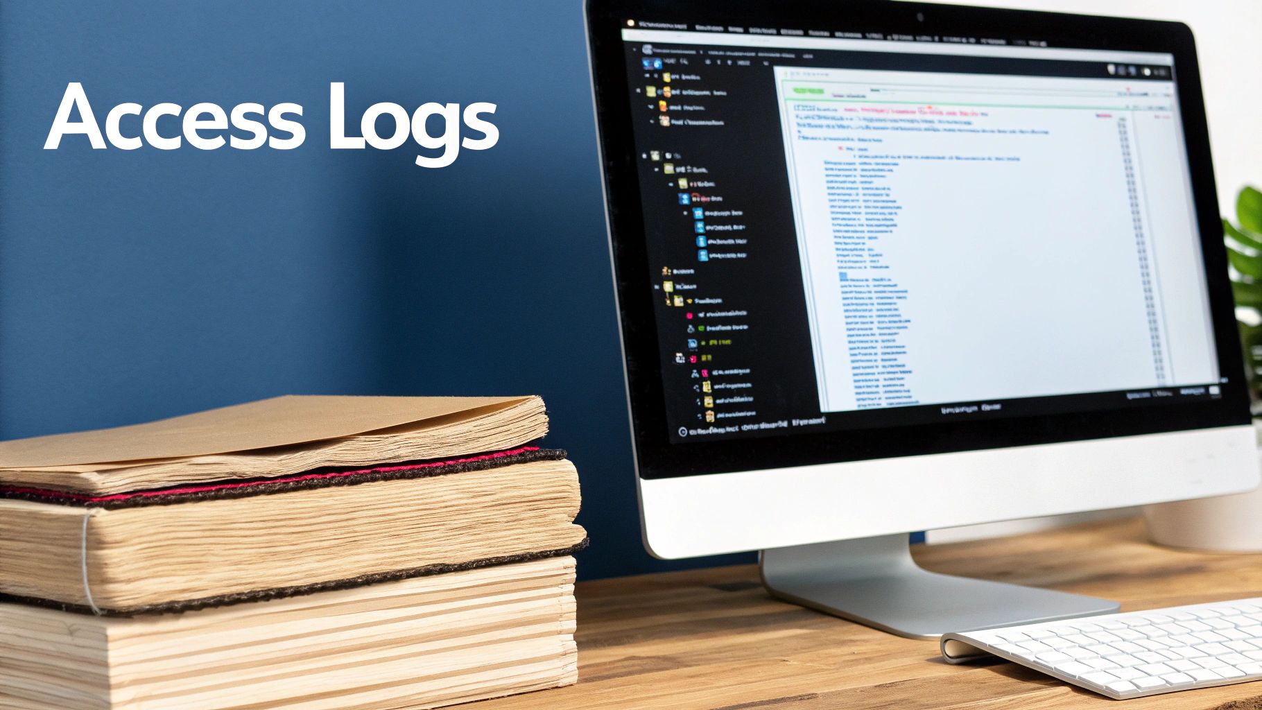 A computer monitor displaying digital access logs next to stacked old books and 'Access Logs' text.