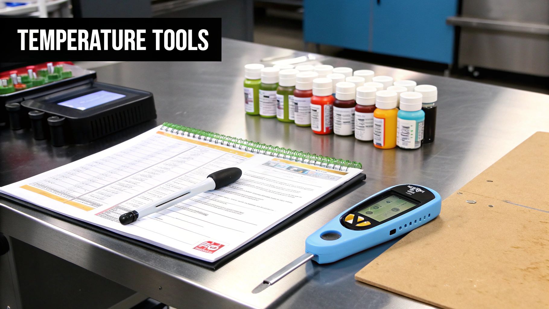 Various temperature measurement tools, log sheets, and chemical samples arranged on a stainless steel surface.