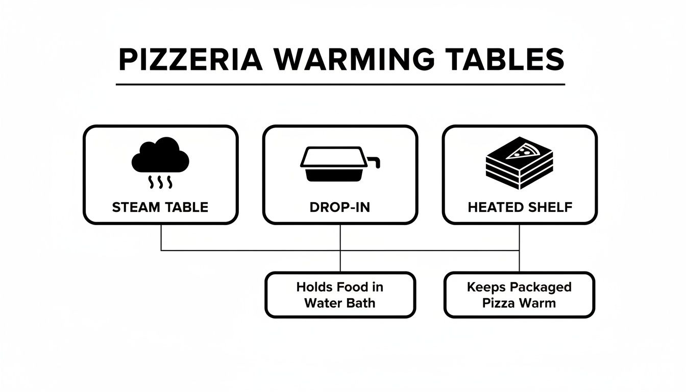 Diagram showing pizzeria warming table types: Steam Table, Drop-in, and Heated Shelf with their functions.