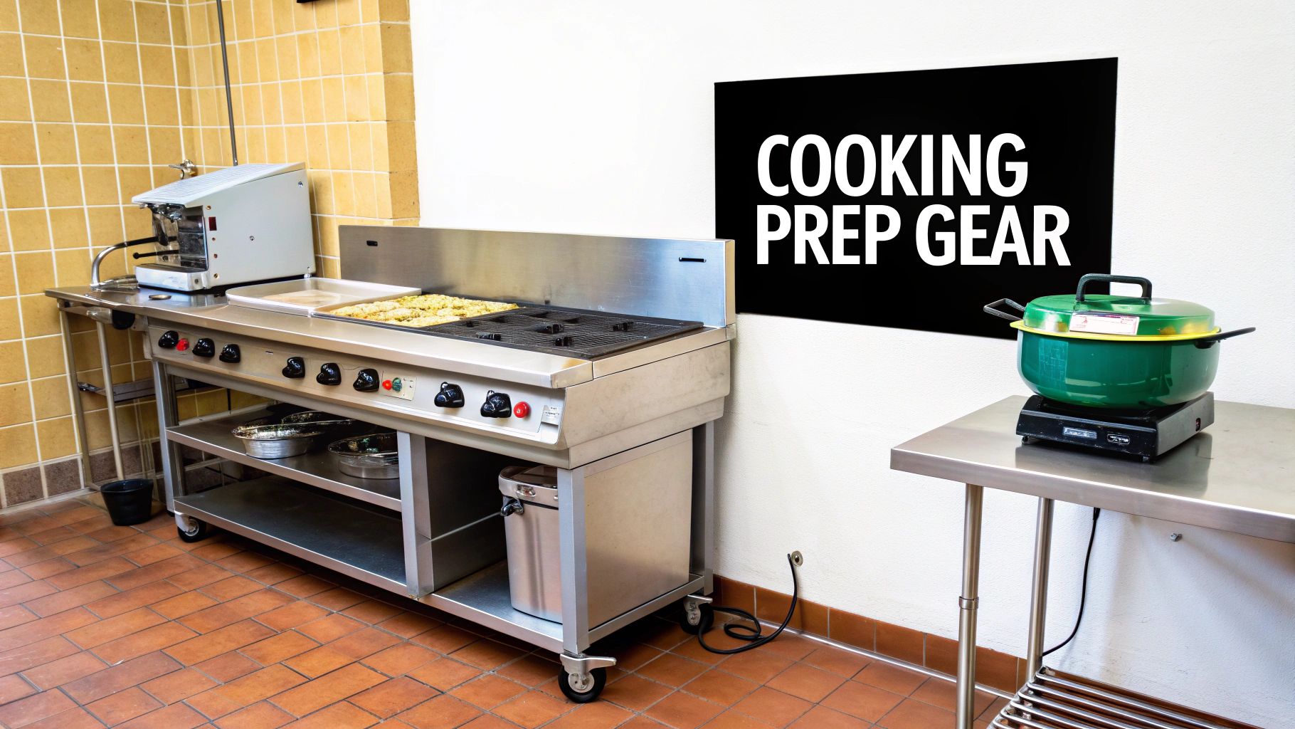 A commercial kitchen with stainless steel cooking equipment, a griddle, a gas range, and a sign that says 'COOKING PREP GEAR'.