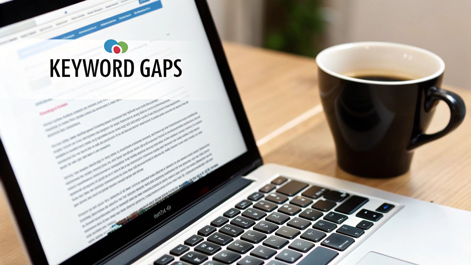 A magnifying glass hovering over a computer screen, highlighting keywords and search engine results, symbolizing SEO analysis.