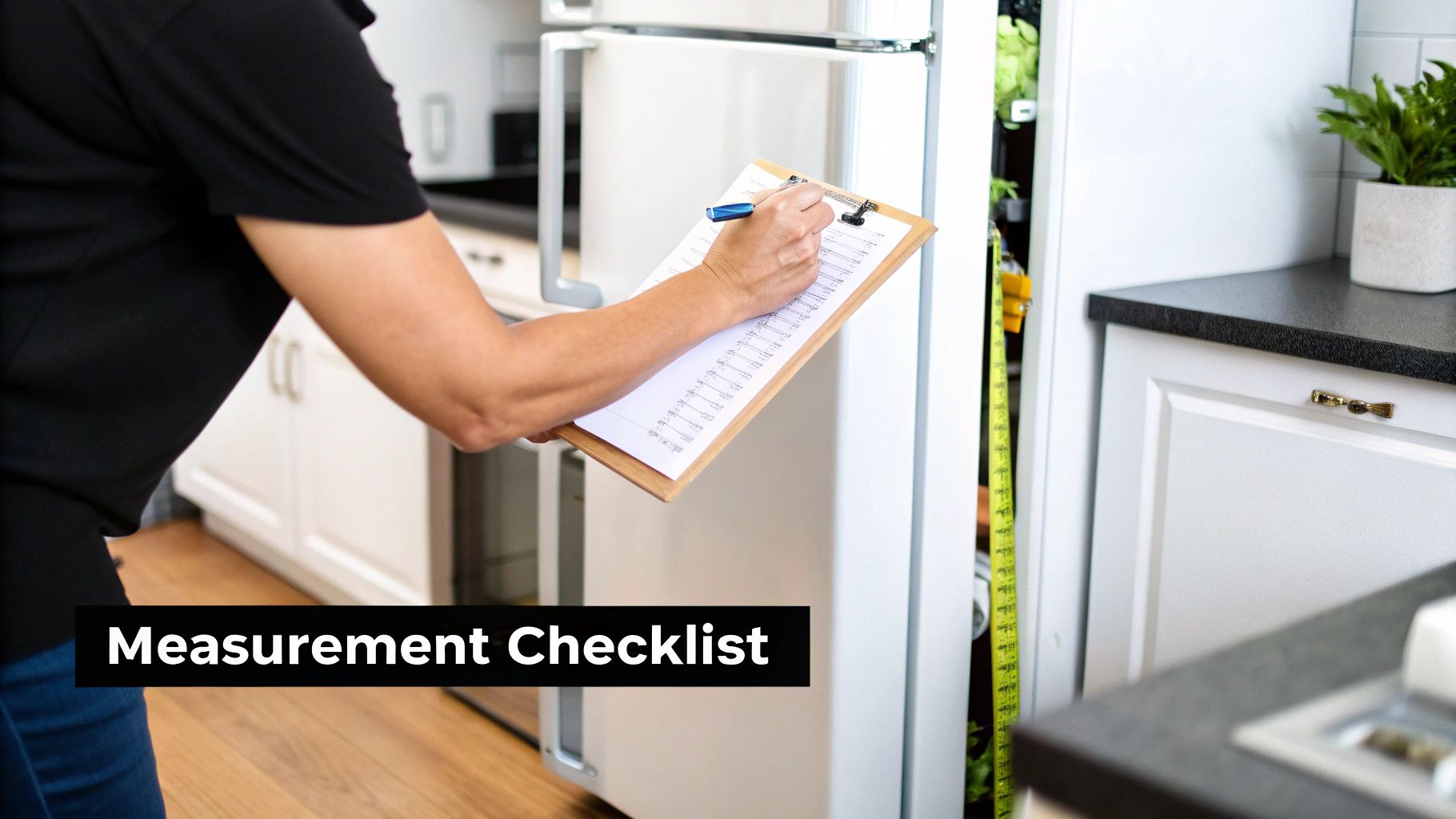 Person with a clipboard and pen takes measurements in a kitchen, next to a refrigerator.