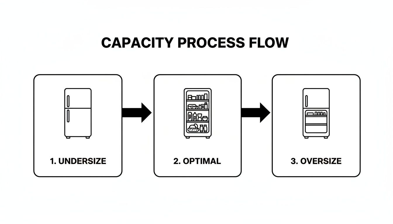 A capacity process flow diagram illustrates refrigerator capacity stages: undersize, optimal, and oversize, using fridge icons.