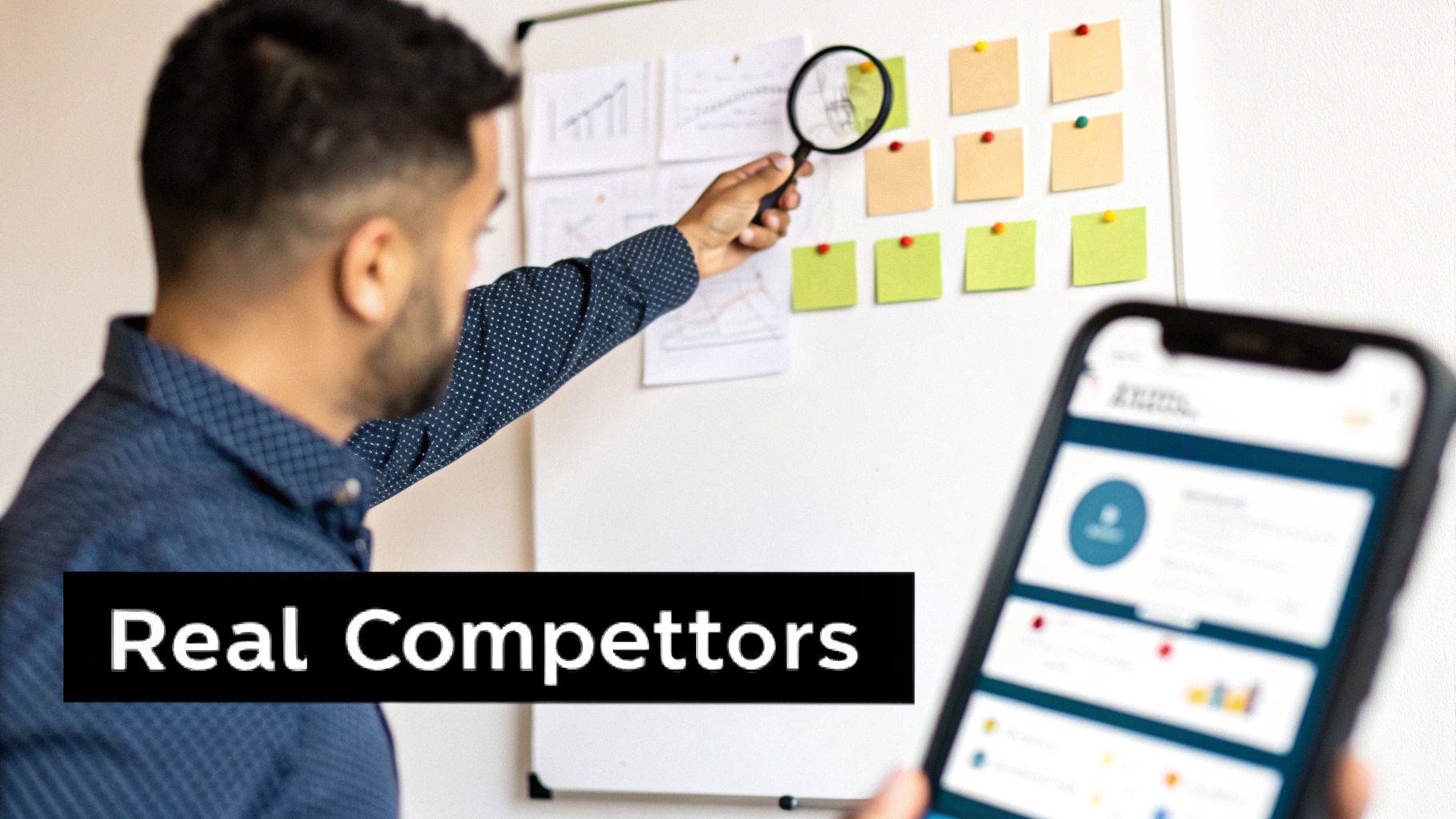 A person examines competitor data on a whiteboard with a magnifying glass, while another reviews analytics on a smartphone.