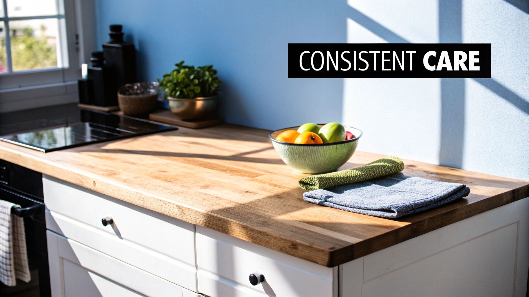 Sunny kitchen with wooden butcher block countertop, white cabinets, and bowl of fruit.