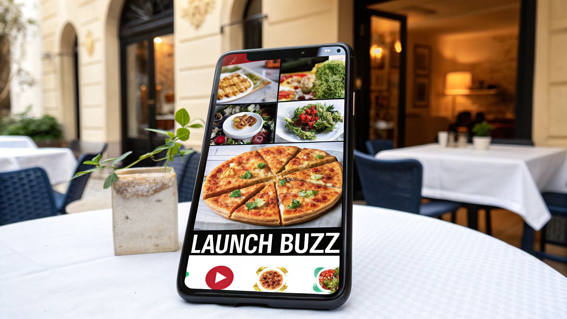 A vibrant pizza being sliced on a wooden board, with a blurred background of a lively restaurant setting, conveying excitement and delicious food.