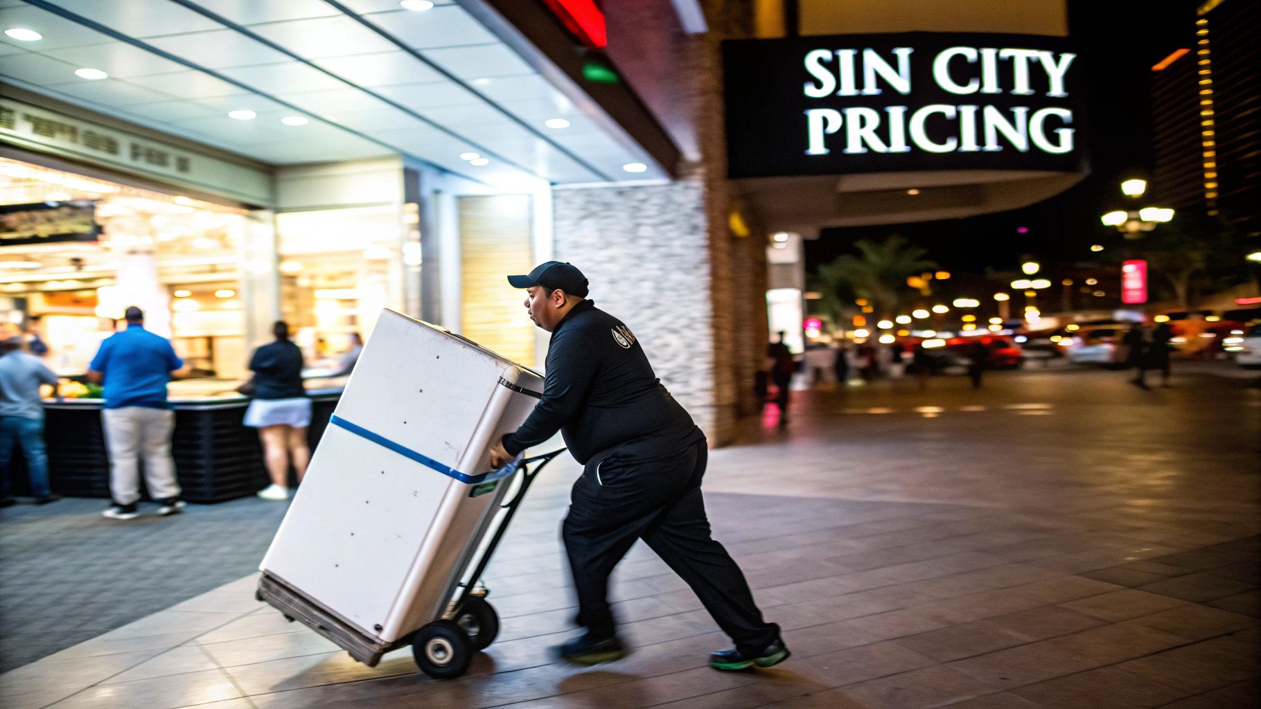A man in black uniform pushes a large white box on a dolly on a city sidewalk at night.