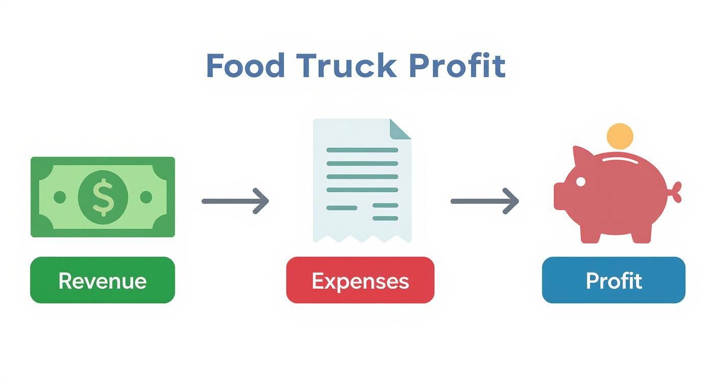 A diagram illustrating food truck profit: Revenue (money) minus Expenses (bill) equals Profit (piggy bank).
