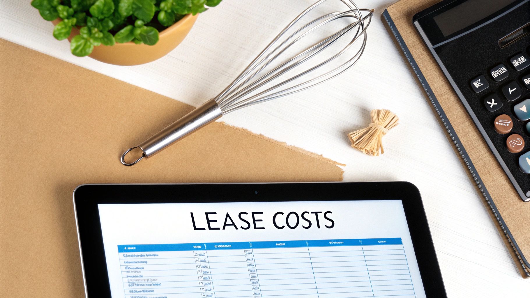 A chef carefully reviews a lease agreement in a modern kitchen.