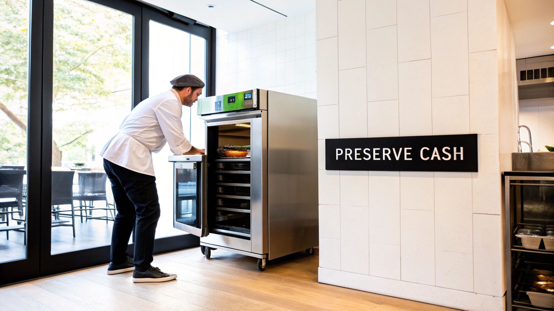 A chef in a white shirt and hat places food into a commercial oven in a modern restaurant kitchen.