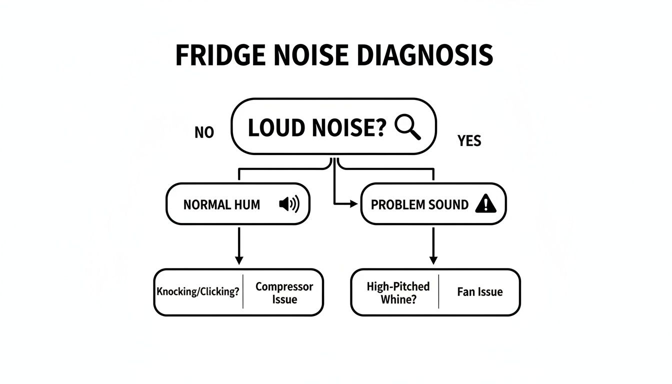 Flowchart for diagnosing fridge noises, distinguishing between normal hums and problem sounds like compressor or fan issues.