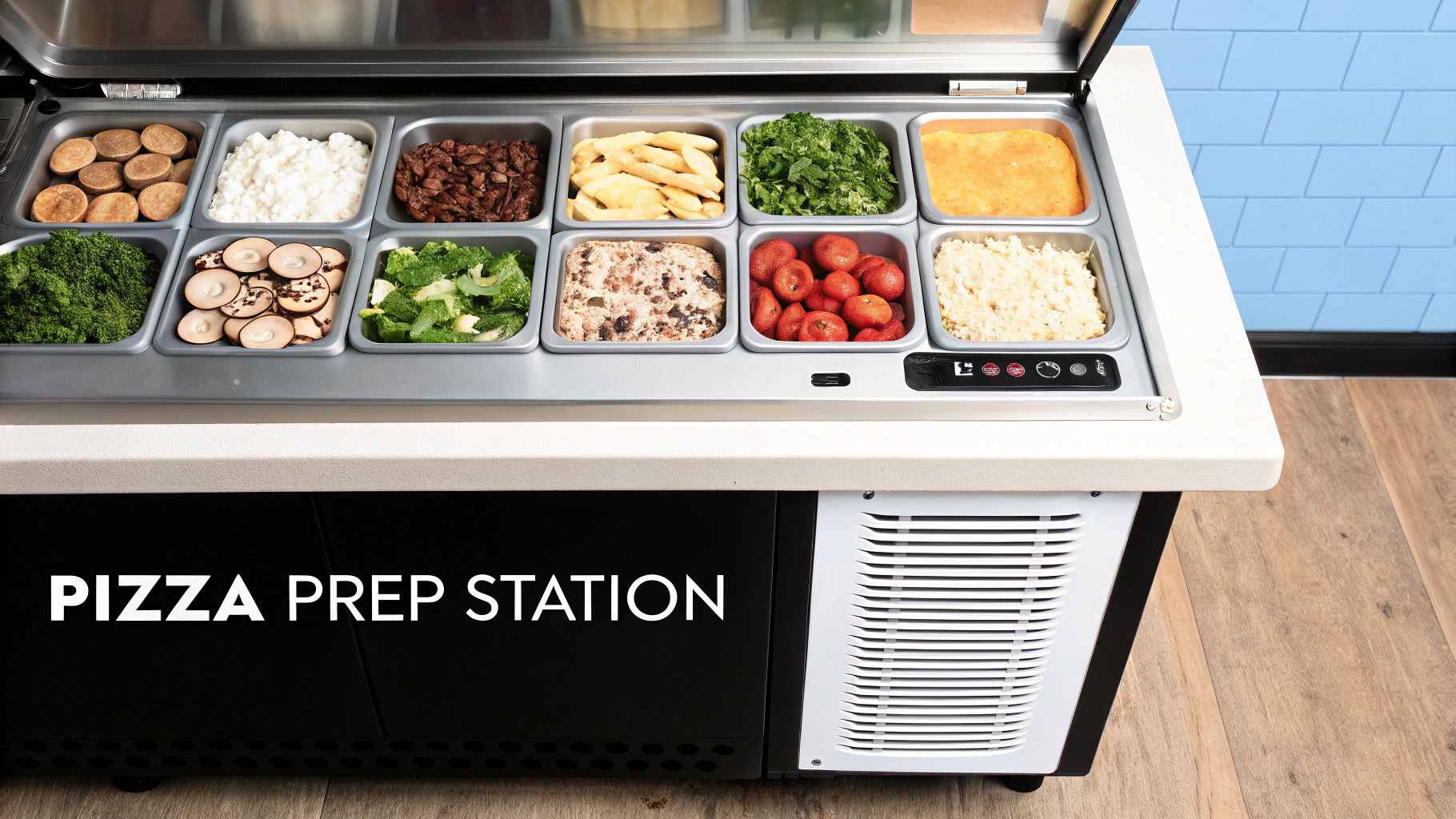 A close-up of a counter top refrigeration unit filled with colorful pizza toppings like peppers, onions, and olives.
