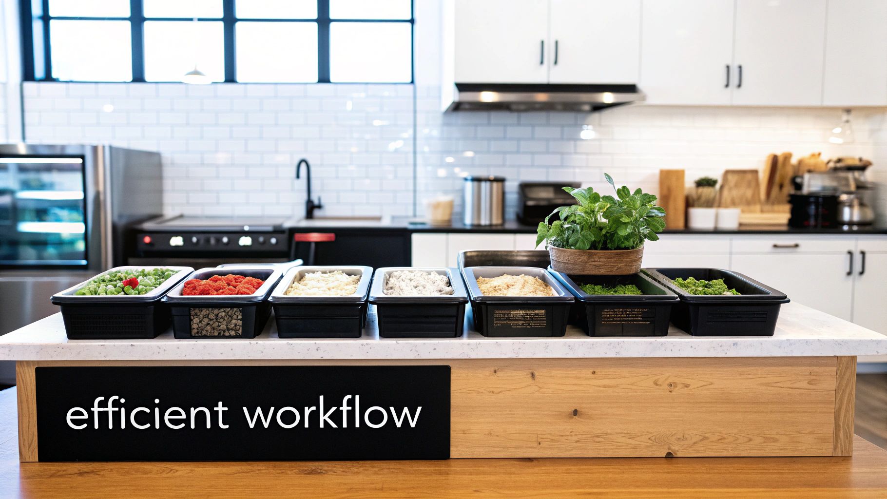 Two commercial food prep tables of different sizes in a professional kitchen.