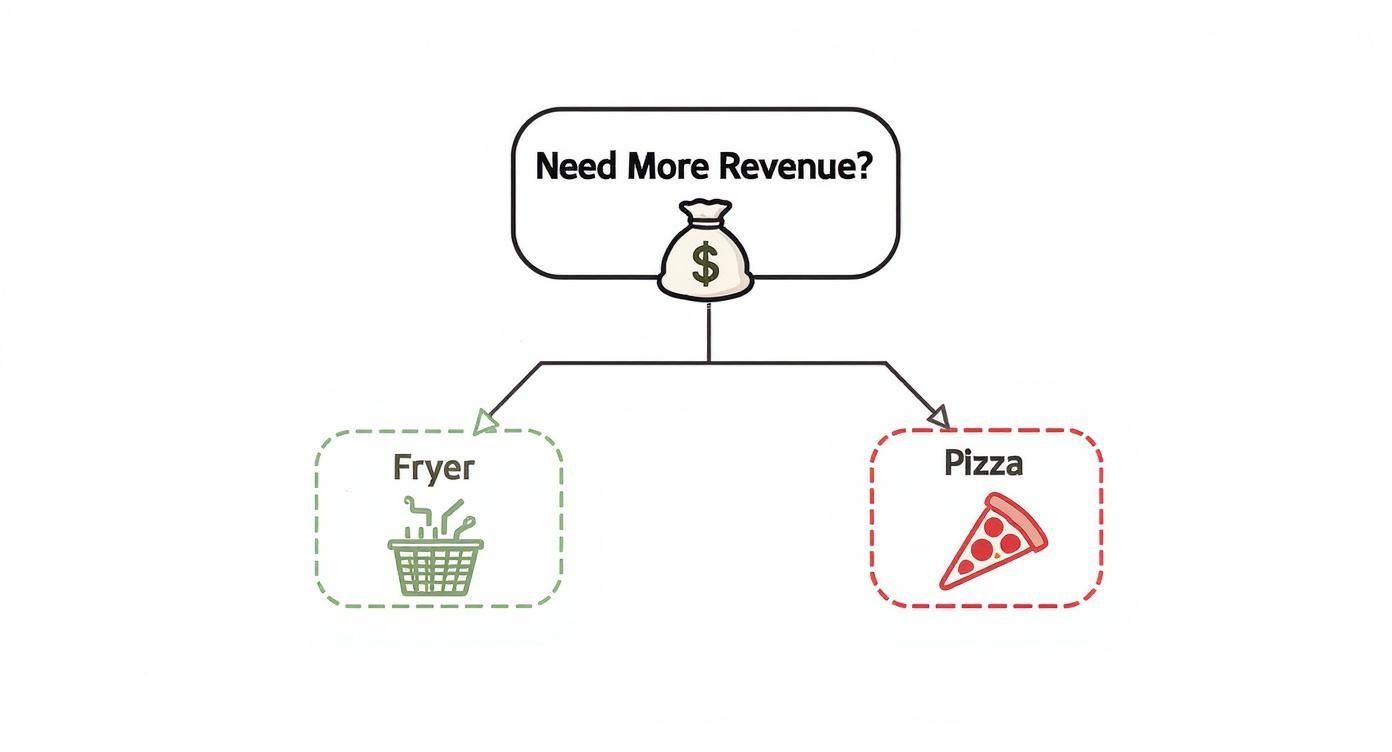 Decision flowchart showing fryer and pizza as revenue generating options for food business