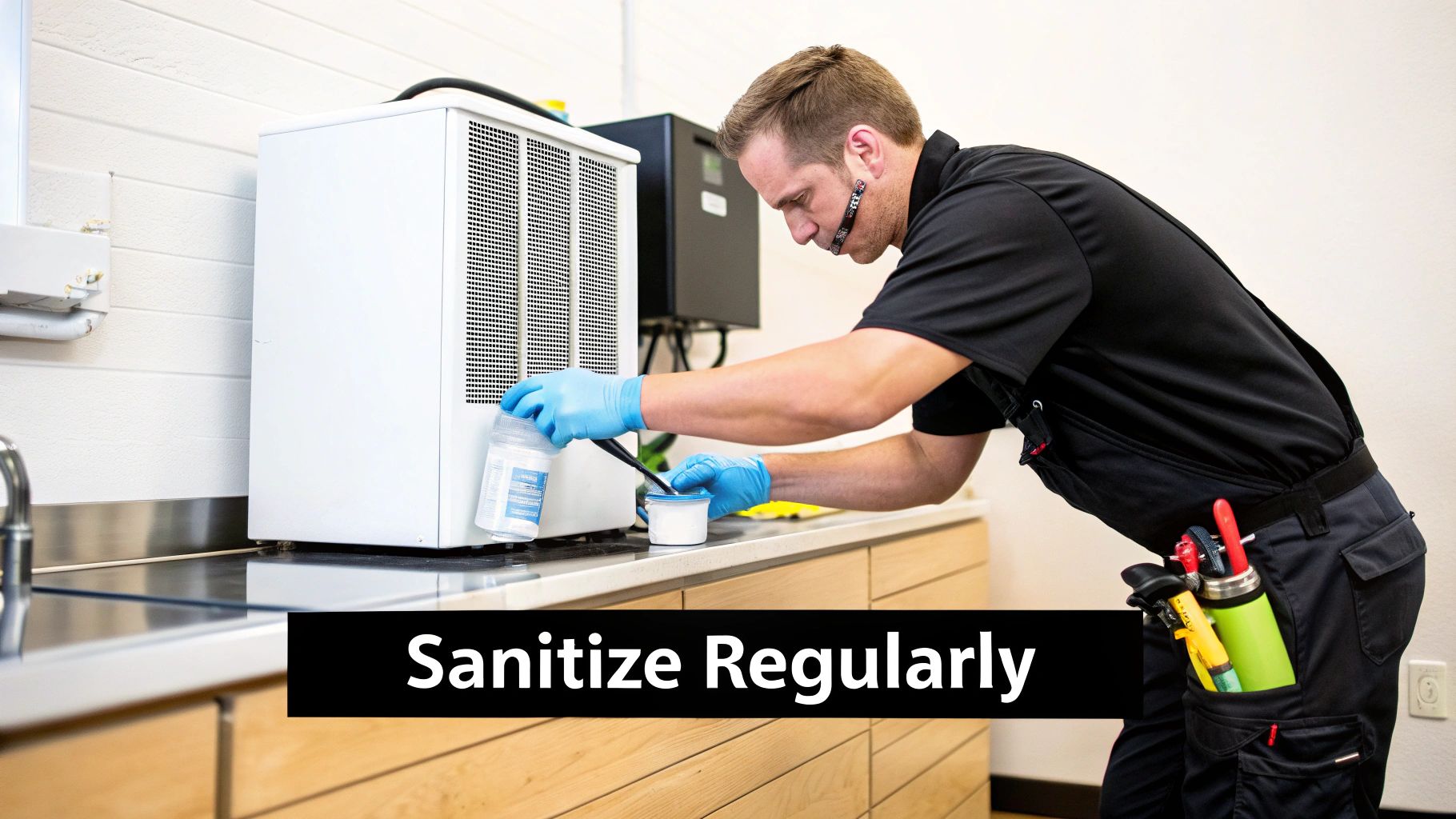 Professional technician in blue gloves sanitizing and cleaning white ice maker appliance in modern kitchen