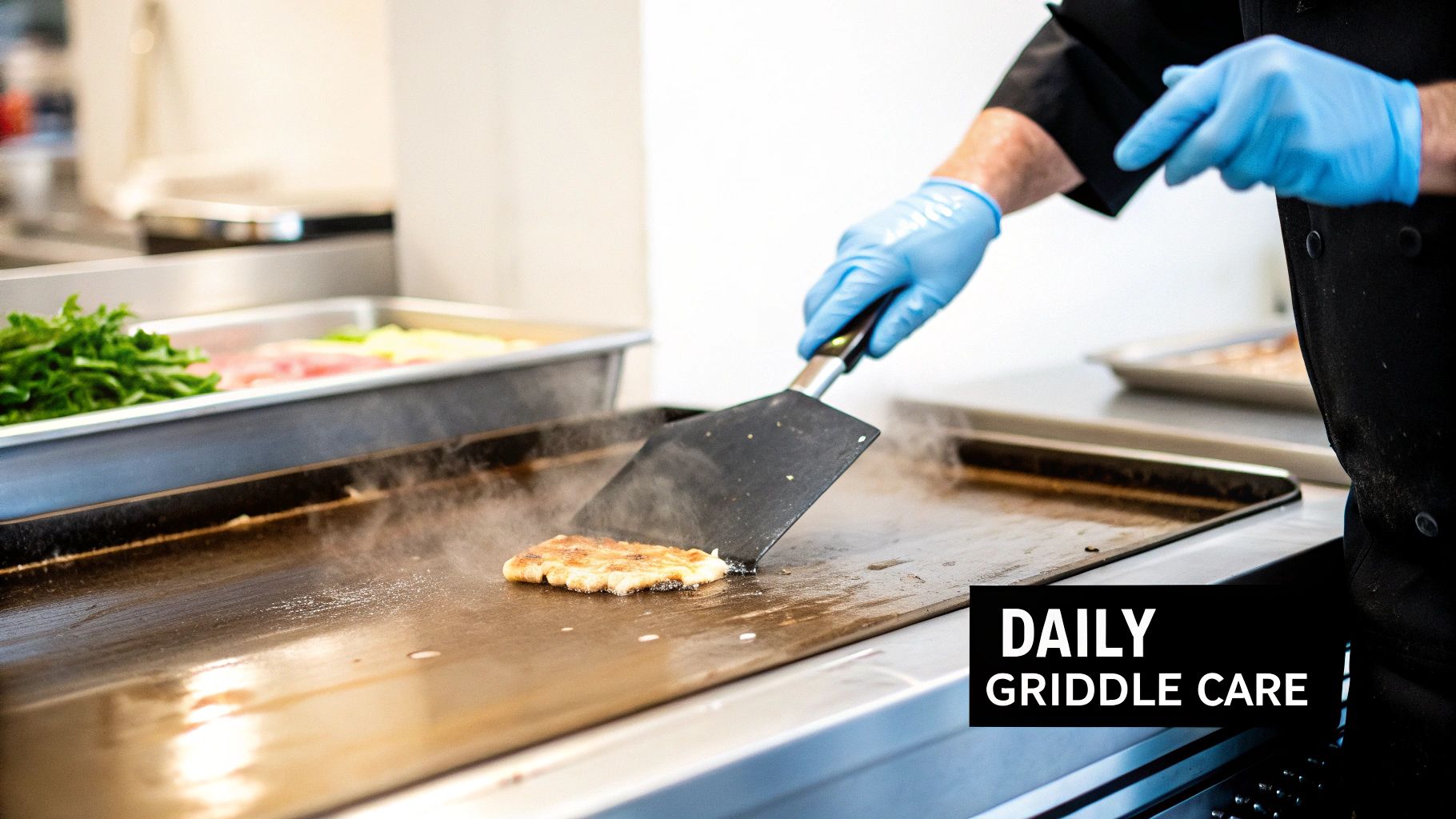A chef wearing blue gloves uses a spatula to cook food on a hot, steaming griddle.