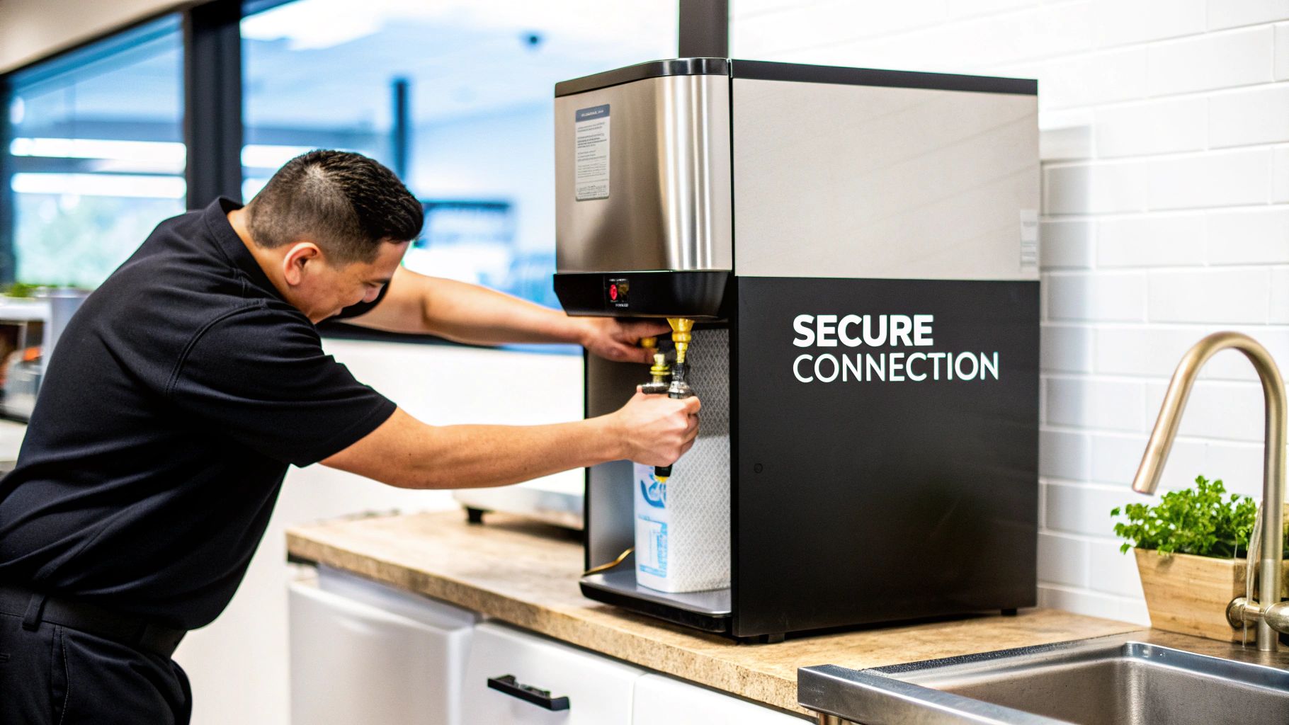 Employee securely connecting a water bottle to a premium beverage dispensing machine.