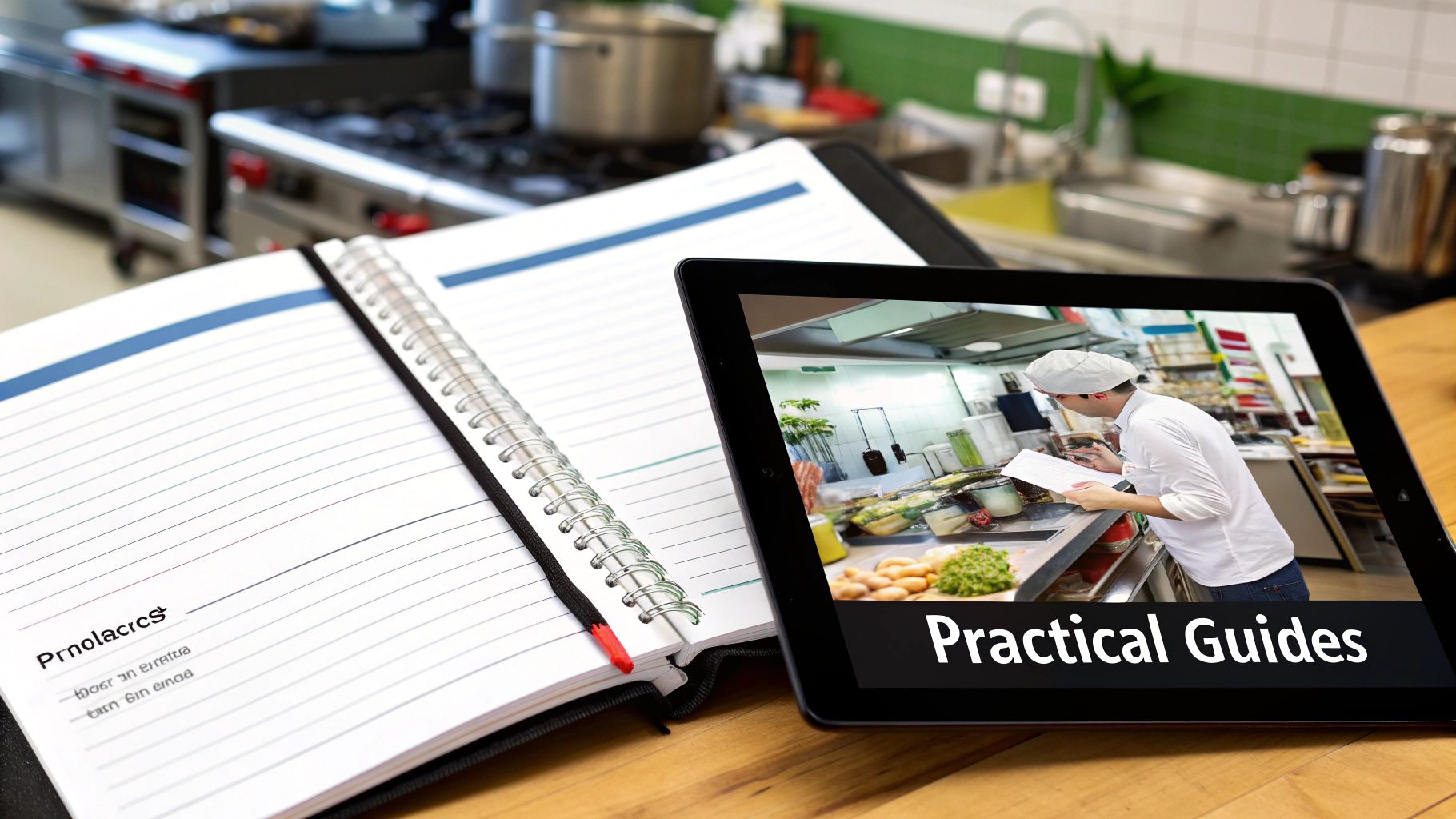 Open spiral notebook on a wooden table beside a tablet displaying a chef and 'Practical Guides' in a kitchen setting.