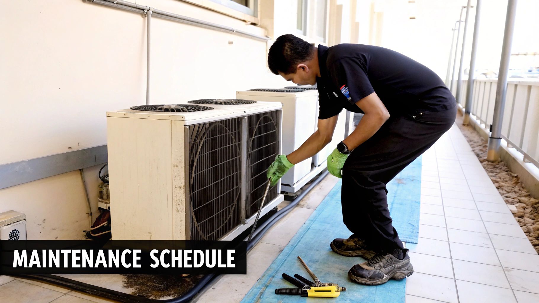 A technician wearing gloves meticulously cleans an outdoor air conditioning unit, adhering to a maintenance schedule.