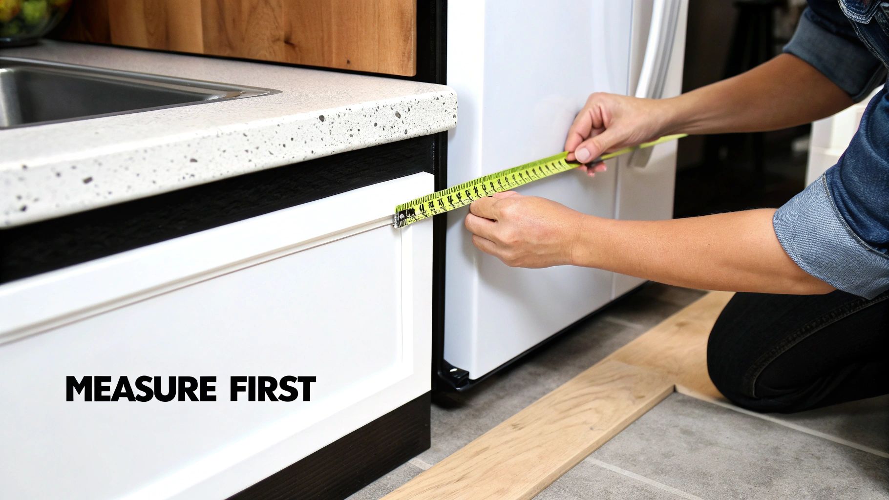 A person accurately measures the precise space between a white kitchen cabinet and a refrigerator.
