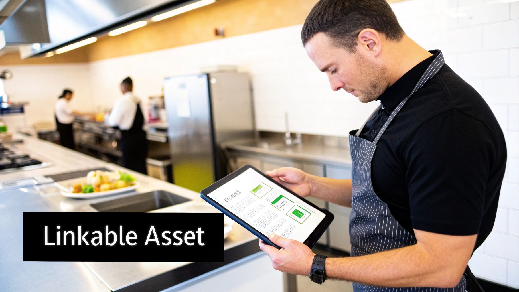 A male chef in an apron uses a tablet in a modern commercial kitchen, with other staff working in the background.