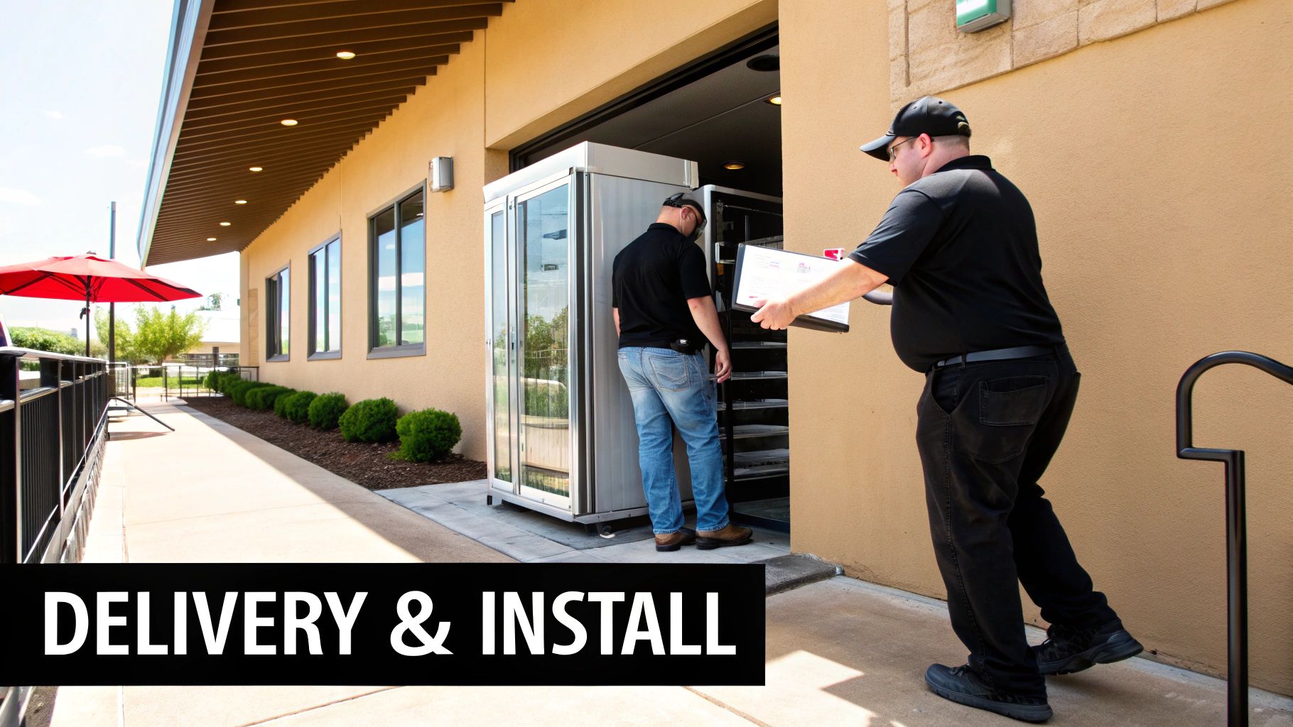 A restaurant owner coordinating the installation of a new commercial refrigerator.