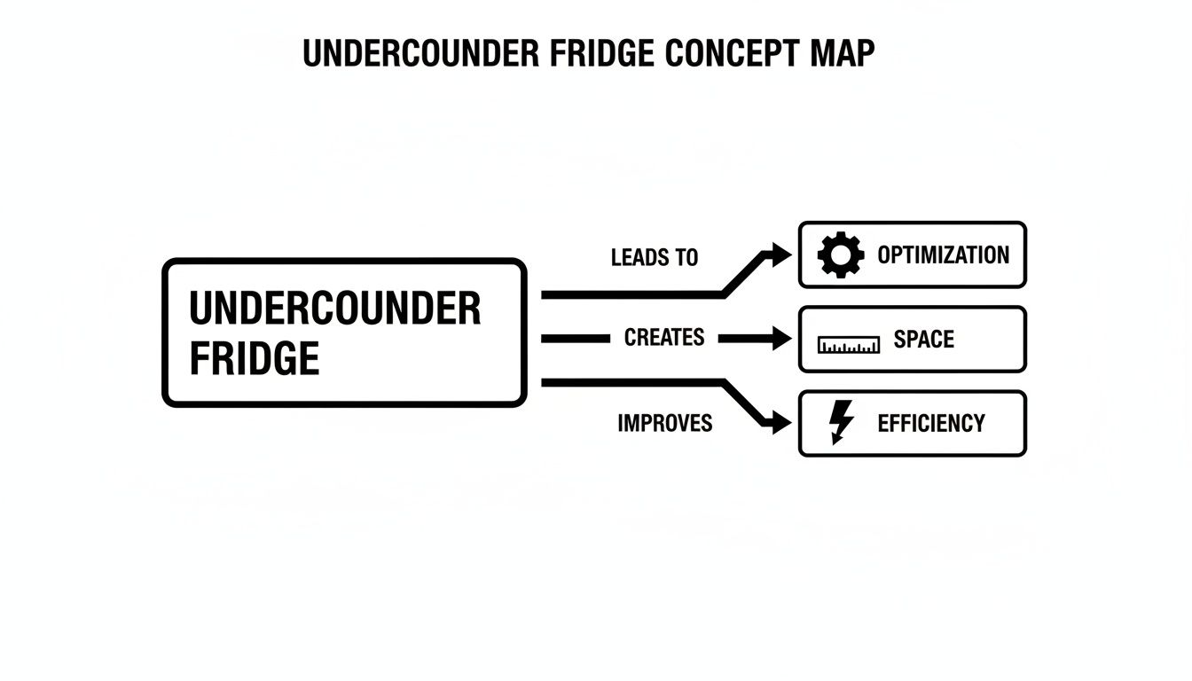 A concept map showing that an undercounter fridge leads to optimization, creates space, and improves efficiency.