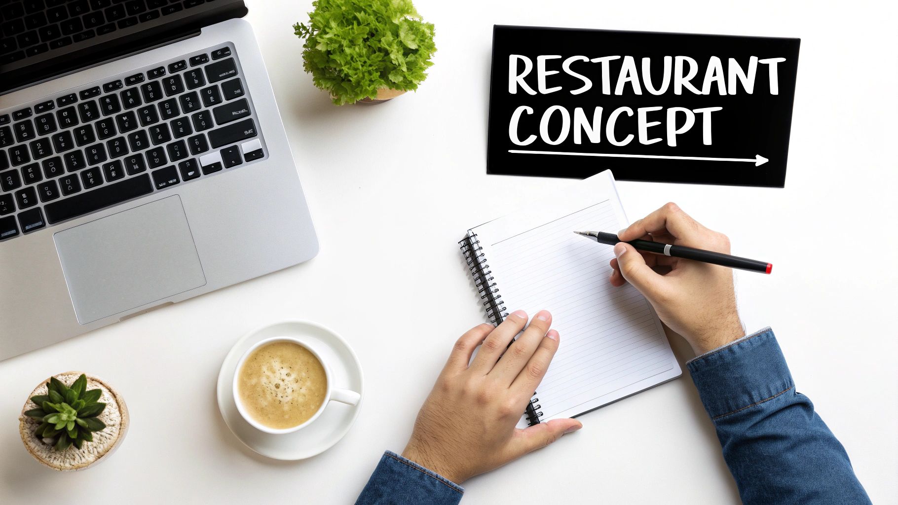 Overhead shot of a person writing in a notebook next to a laptop and a 'Restaurant Concept' sign.