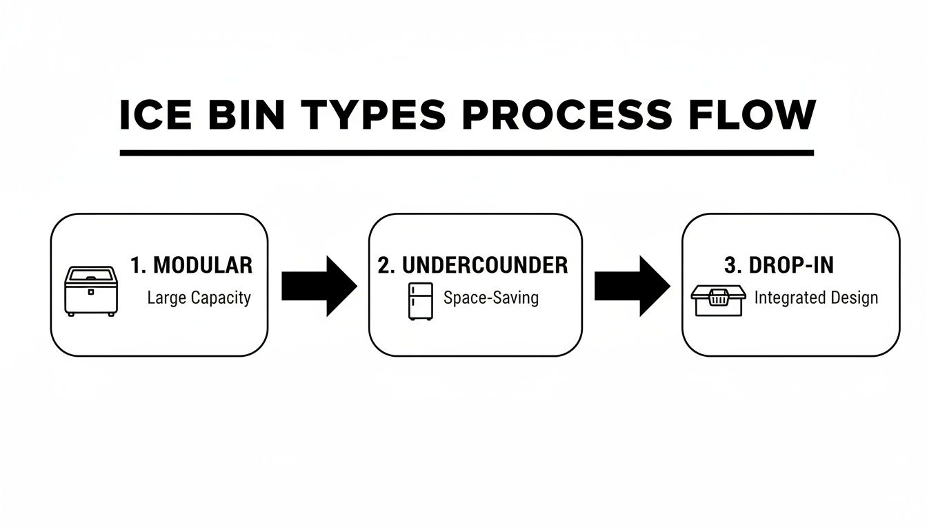 Process flow diagram illustrating three ice bin types: Modular, Undercounter, and Drop-in with their features.