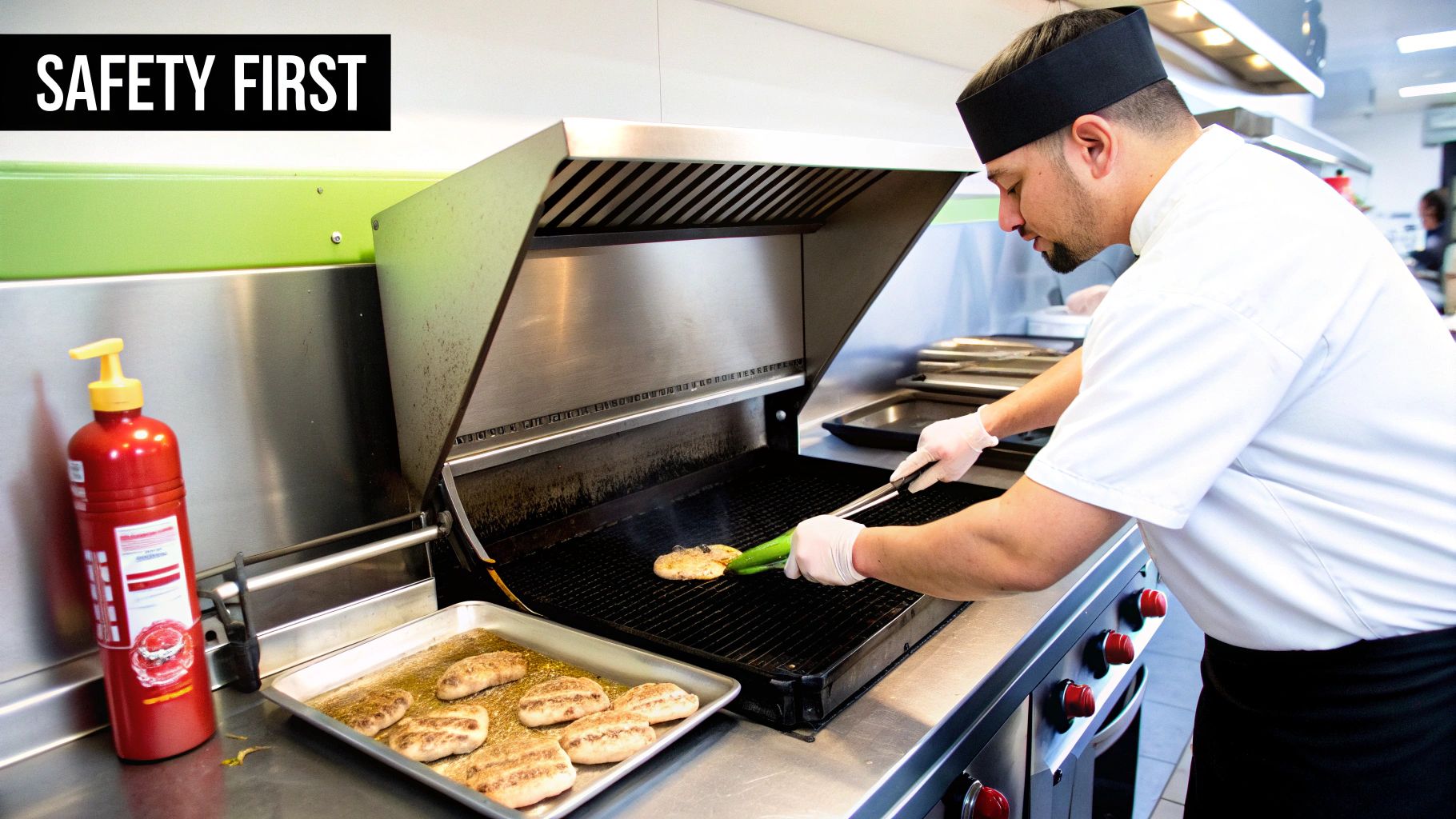A chef in white uniform and gloves grills food on a commercial kitchen grill, with a fire extinguisher nearby.