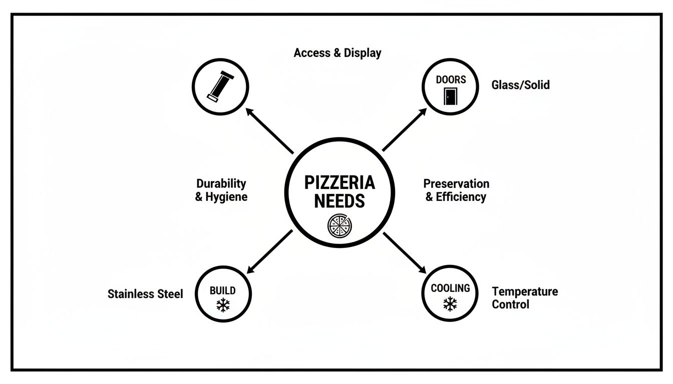 A diagram outlining pizzeria equipment needs, covering access, durability, cooling, doors, build, and efficiency.