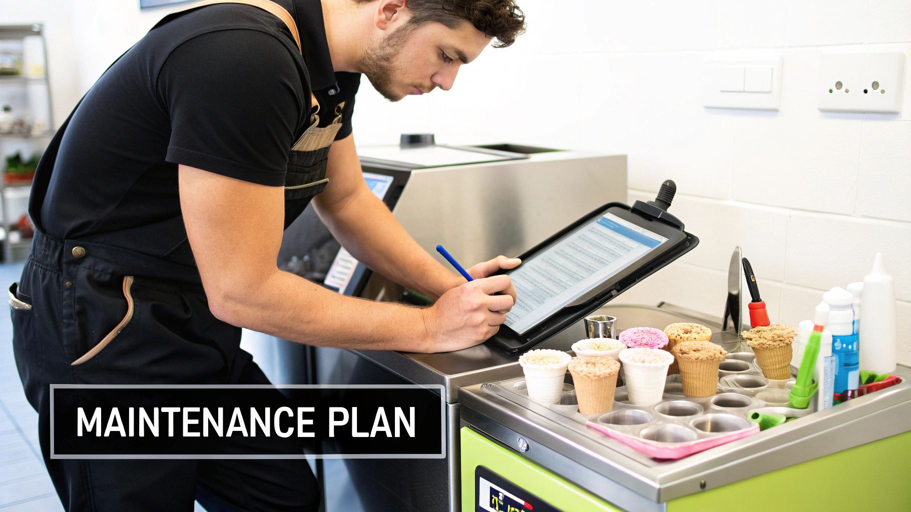 Technician reviewing a maintenance plan on a tablet by an ice cream preparation counter.