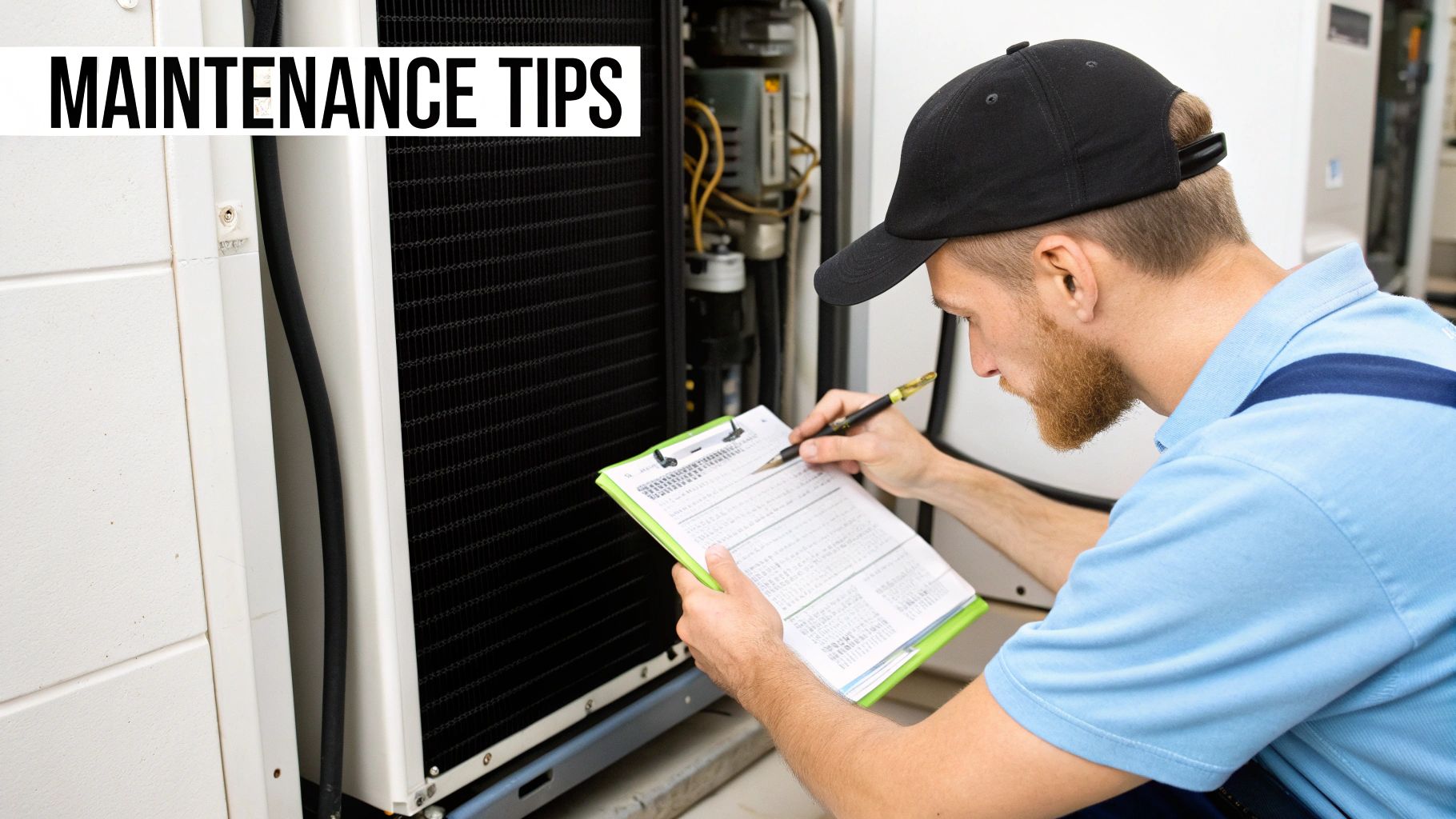 Maintenance technician in a black cap inspecting a commercial refrigeration unit and taking notes.