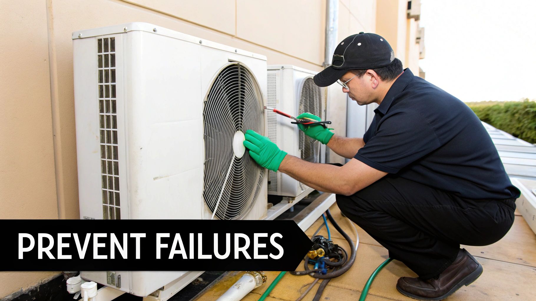A technician in green gloves cleans and services outdoor air conditioning units to prevent failures.
