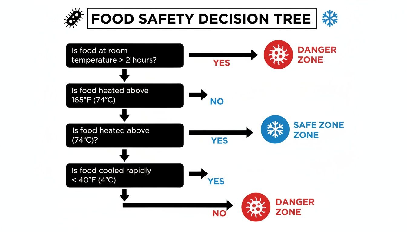 Flowchart illustrating food safety decisions based on temperature, heating, and rapid cooling.