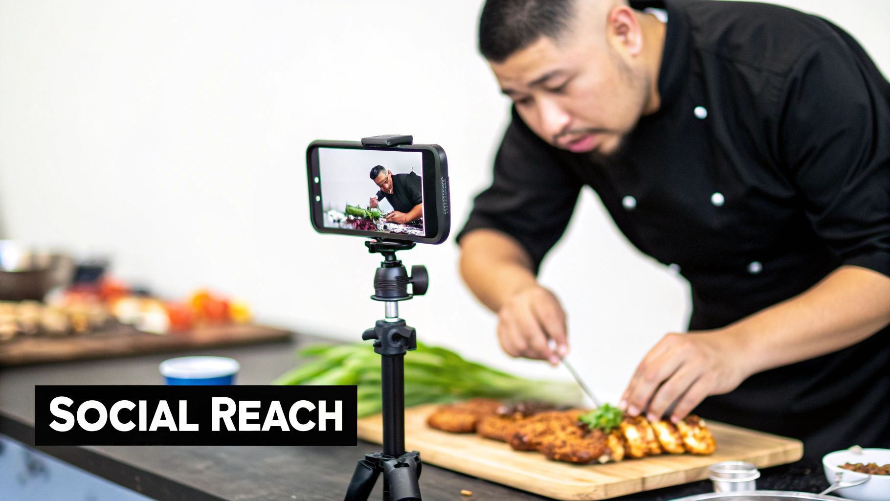 A chef films a cooking video with a smartphone on a tripod, garnishing a dish.