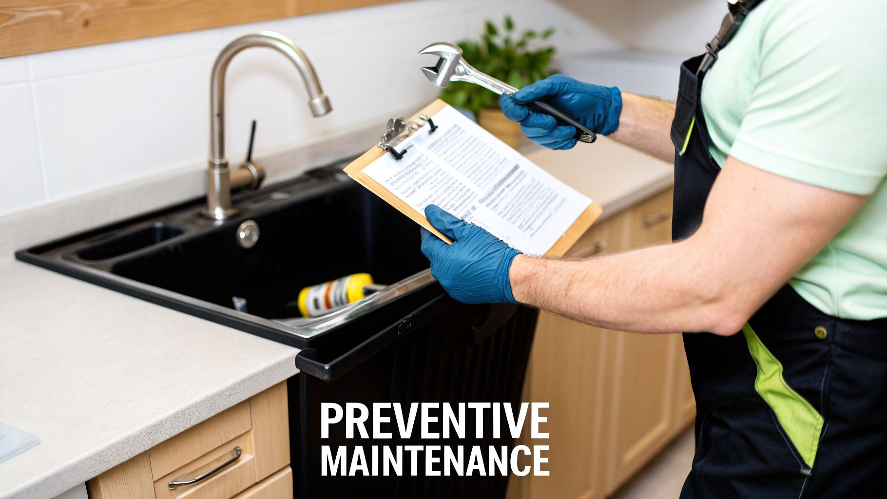 A plumber wearing blue gloves holds a wrench and clipboard, inspecting a kitchen sink for preventive maintenance.