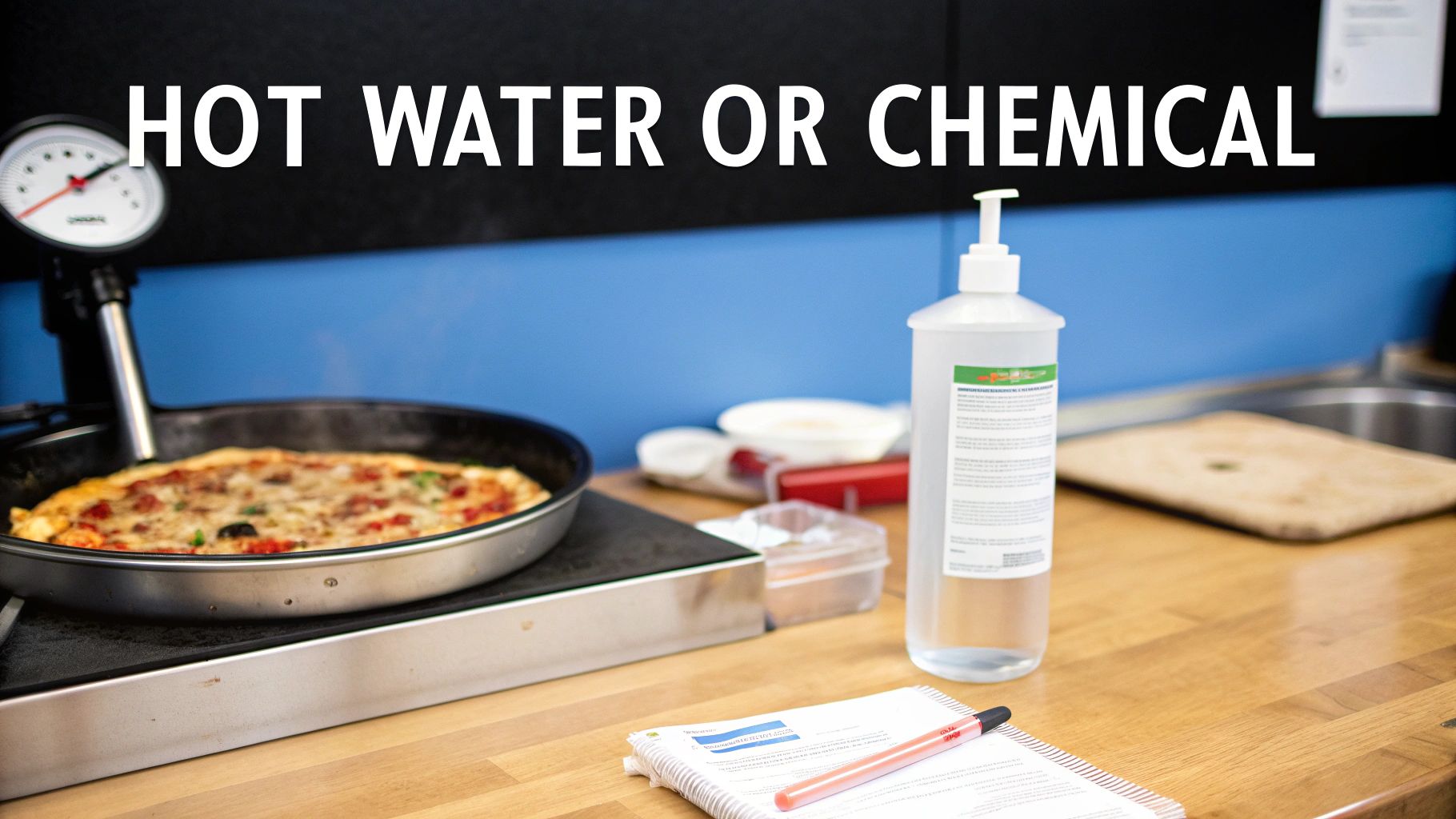 A kitchen scene with pizza cooking, a thermometer, and a cleaner bottle, highlighting 'HOT WATER OR CHEMICAL'.