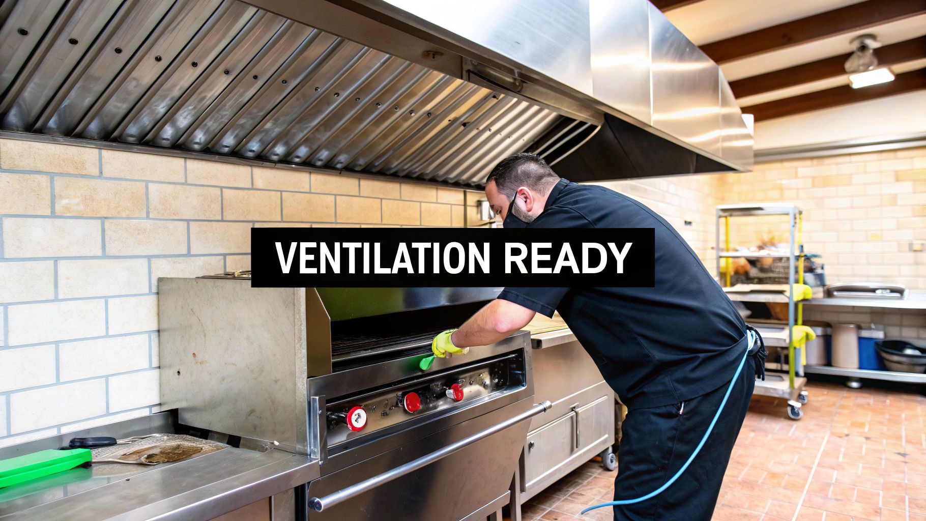 A person in a commercial kitchen cleans a large stainless steel grill under a ventilation hood.