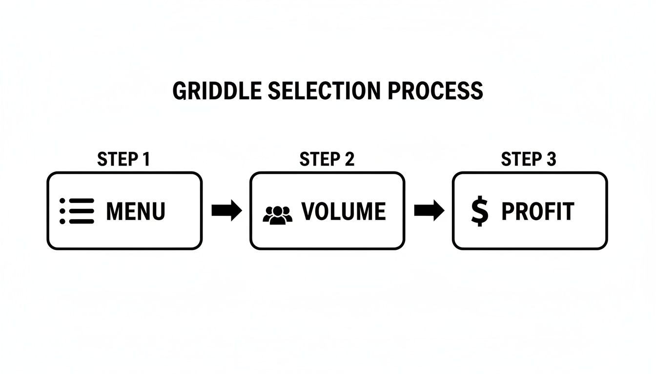 Flowchart outlining the three-step griddle selection process, including menu, volume, and profit.