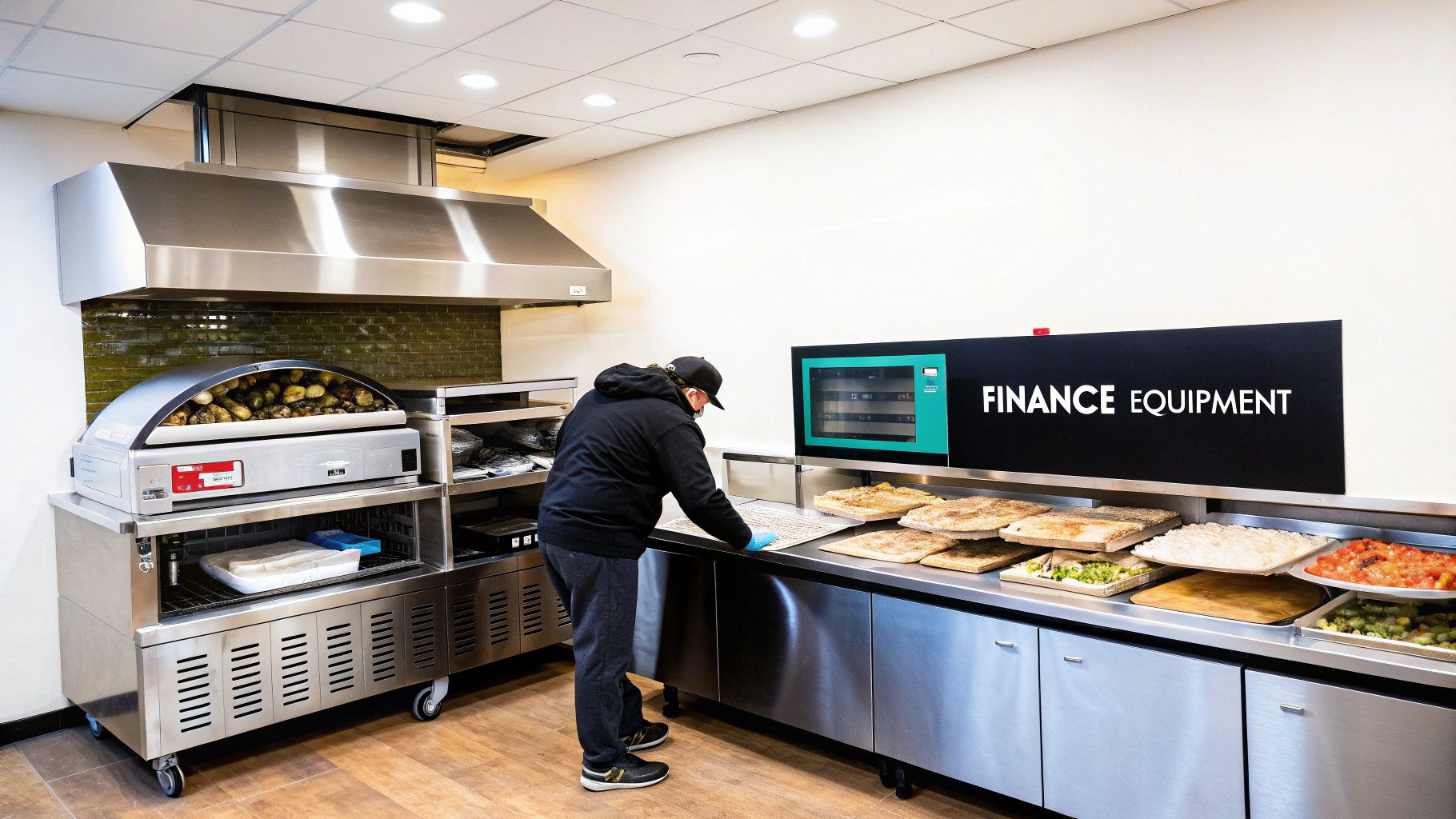 A chef preparing pizzas on a stainless steel pizza prep table, showcasing a professional kitchen environment.