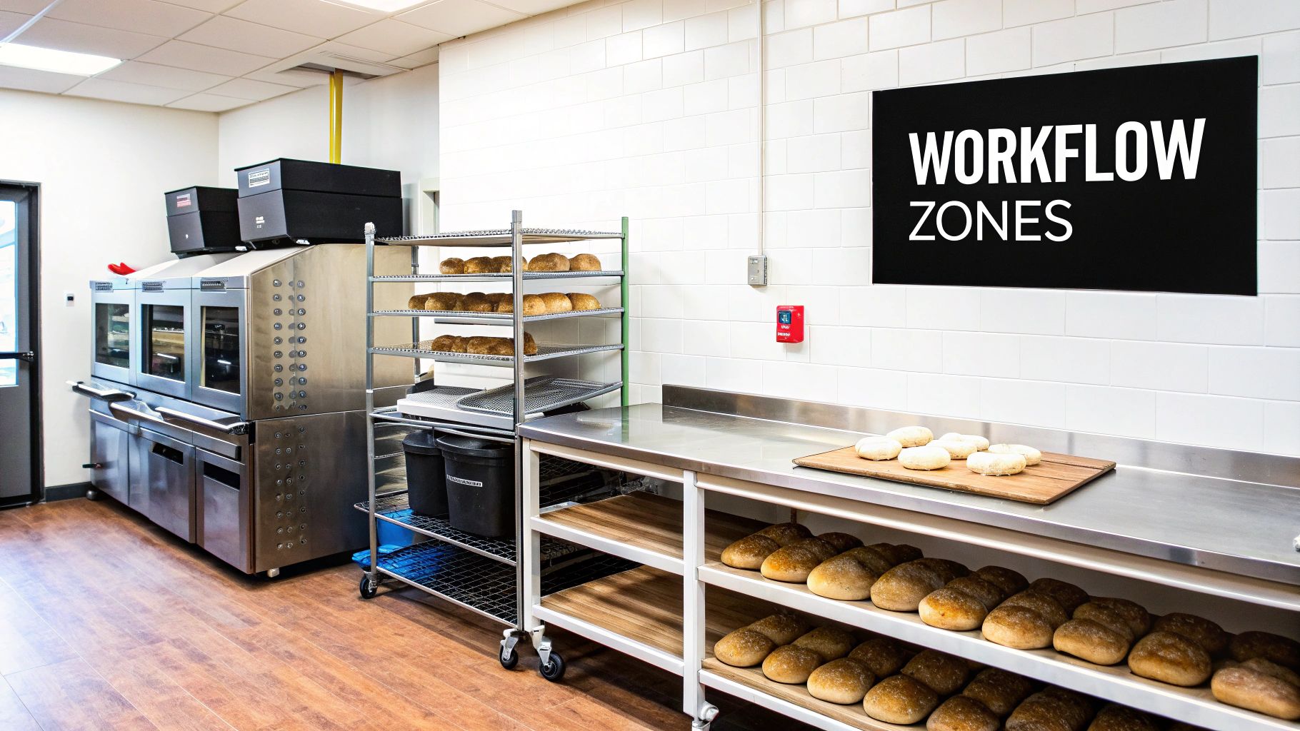 Commercial bakery workflow zones with bread cooling racks, ovens, and stainless steel prep counter