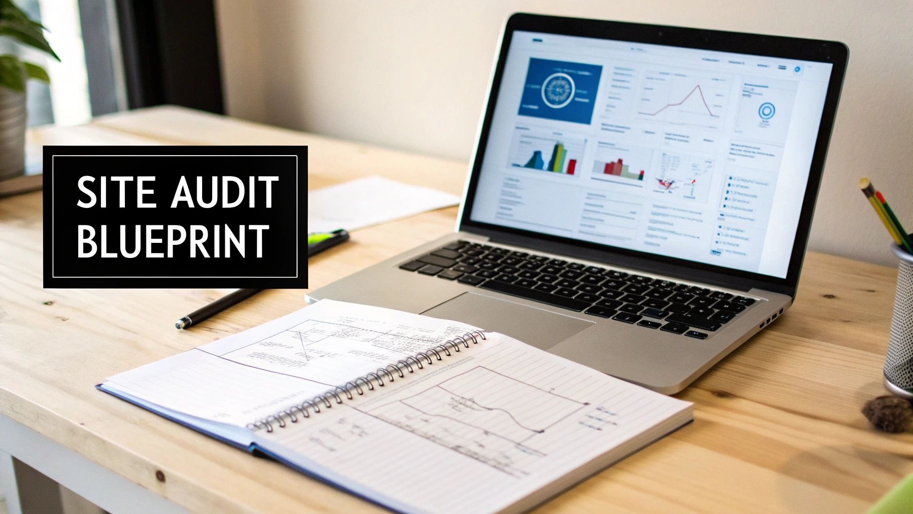 Desk with laptop showing data, open notebook, pen, and 'SITE AUDIT BLUEPRINT' text overlay.