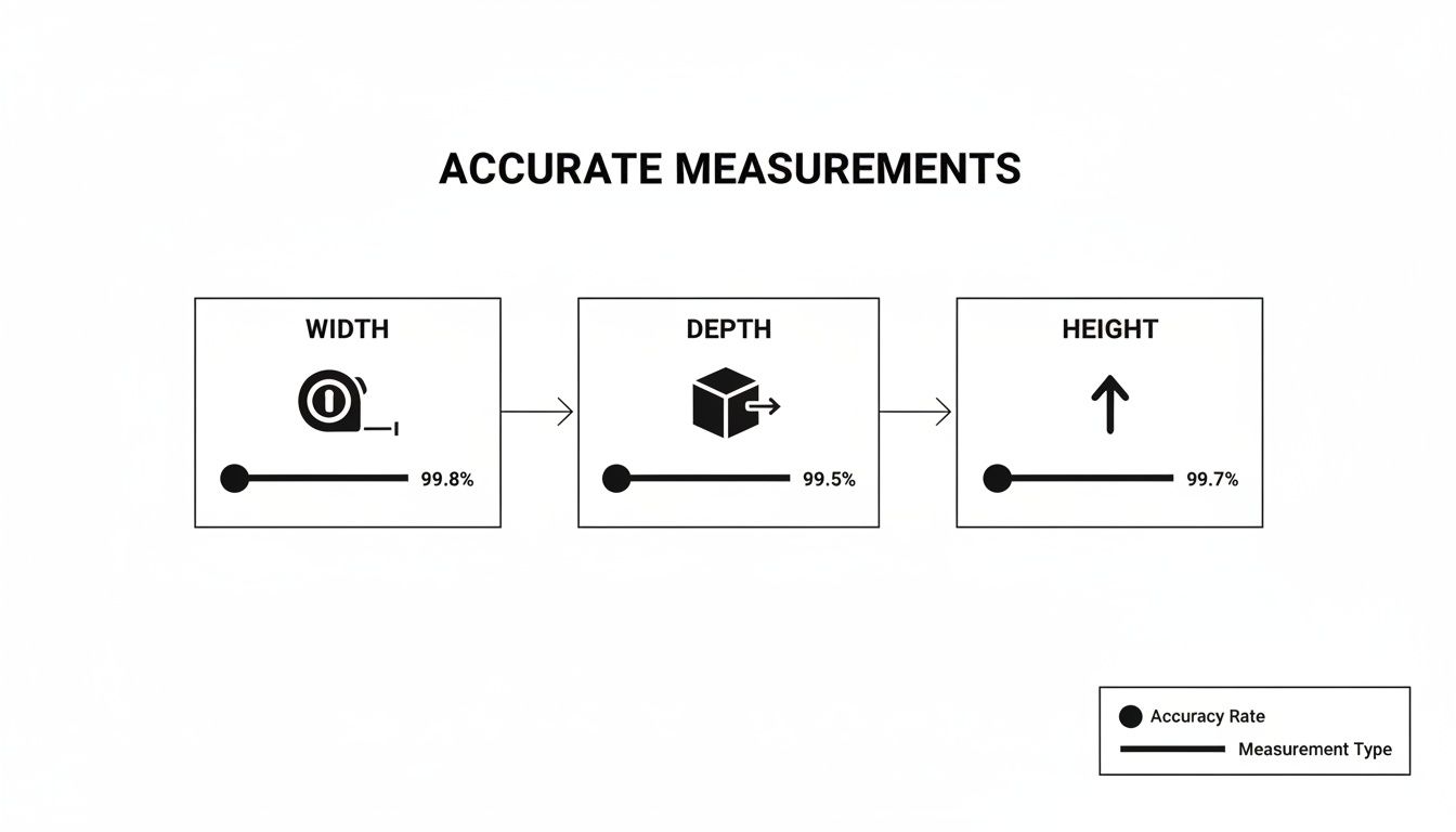 Diagram illustrating accurate measurements for width, depth, and height, showing their respective high accuracy rates.