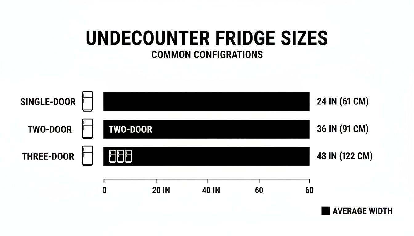 Chart displaying common undercounter fridge sizes: single-door (24 inches), two-door (36 inches), and three-door (48 inches) dimensions.