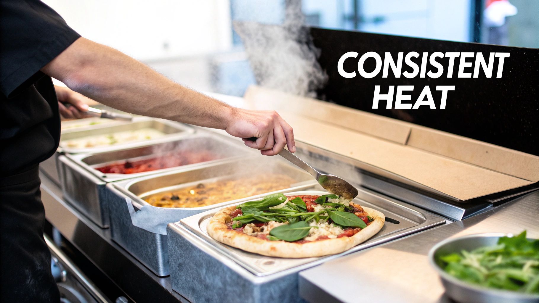 A person serves a fresh pizza with greens from a steaming food warming table, emphasizing consistent heat.