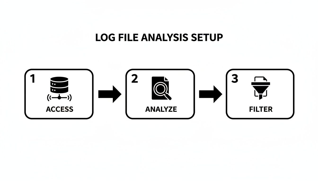 Diagram illustrating a three-step log file analysis process: access, analyze, and filter data.